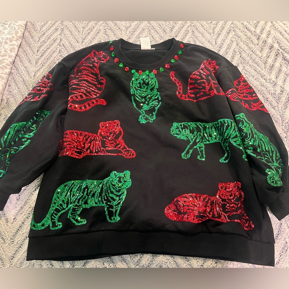 Black Sweater with Red and Green Tiger Design